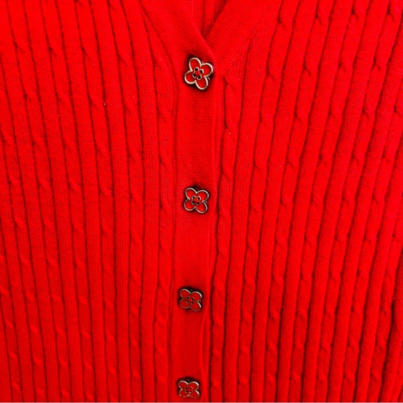 Pink Tartan Red Pima Cotton Ribbed Cardigan Enamel Floral Buttons Size XS - Picture 4 of 7